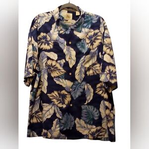 Pussers -Silk Navy Blue Button Up W/Multi Colored Floral Print, Short Sleeve, XL